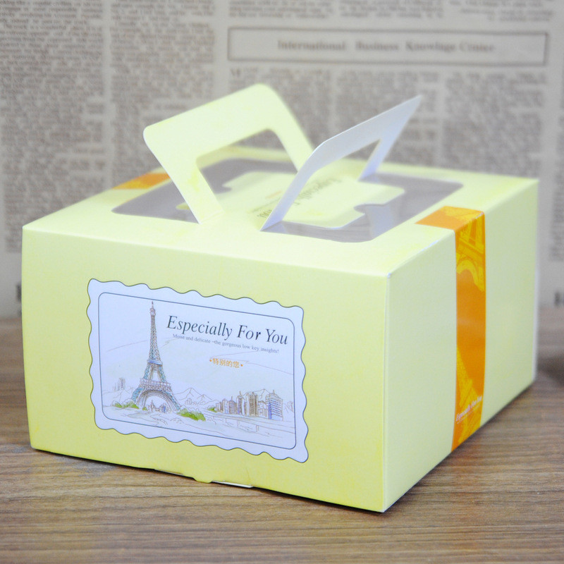 Желтая бумажная коробка упаковывая для торта упаковывая, складная коробка торта с ручкой