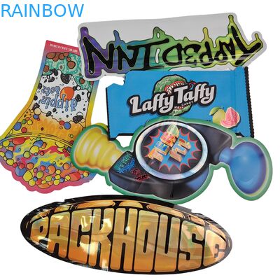 Голографические пакеты из майлара с застежкой-молнией, фигурной высечкой, алюминиевой фольгой, термосваркой, фигурной высечкой, неправильной формы, для грибных жевательных конфет