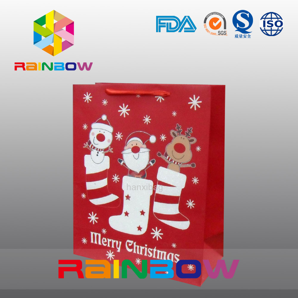 Красный цвет подгонял напечатанный мешок подарка Кристмас бумажных мешков с красной веревочкой/милый