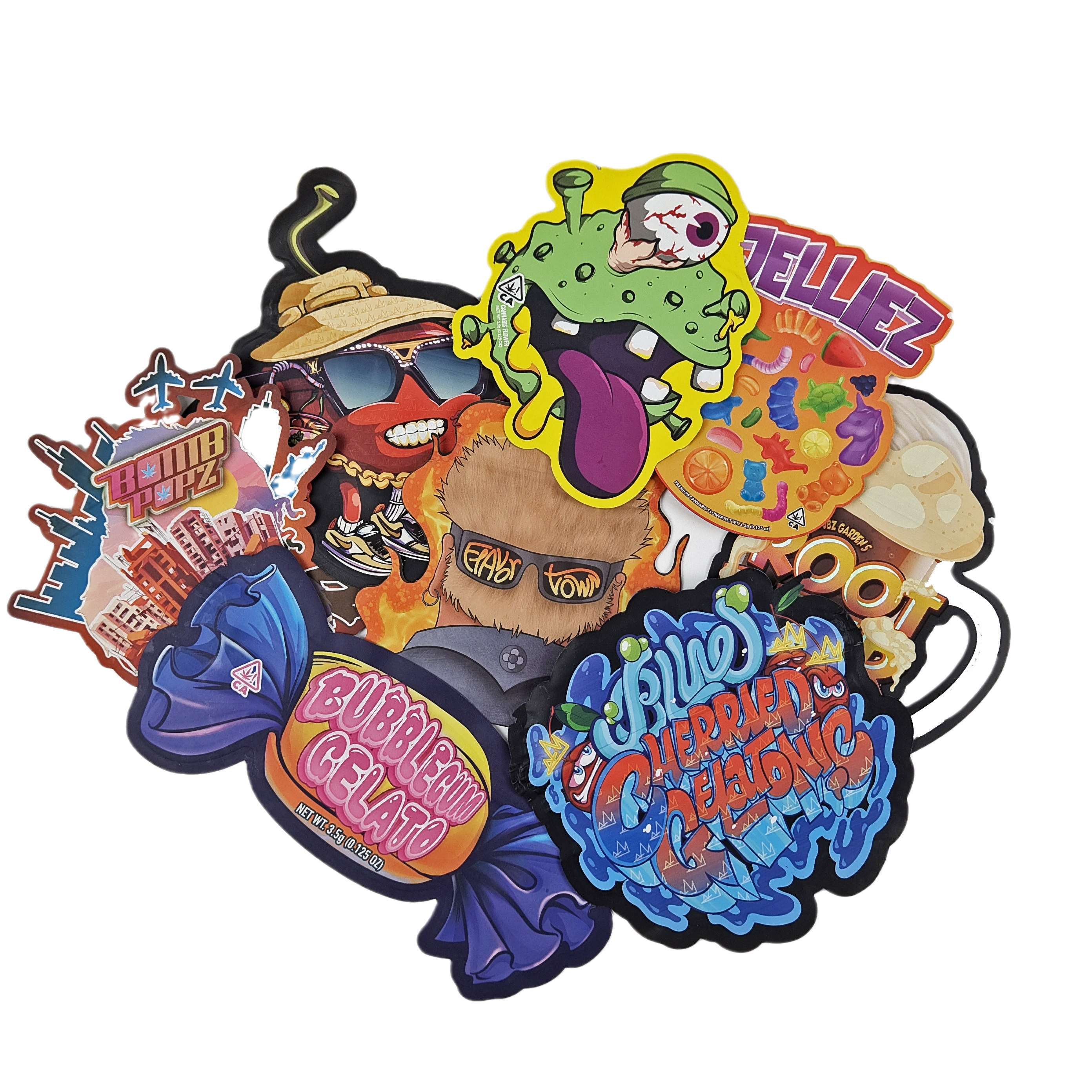 Индивидуальный дизайн 3,5 г 7 г 14 г 28 г высечки пакеты Ziplock специальной формы защита от детей нестандартной формы майларовая упаковка для закусок