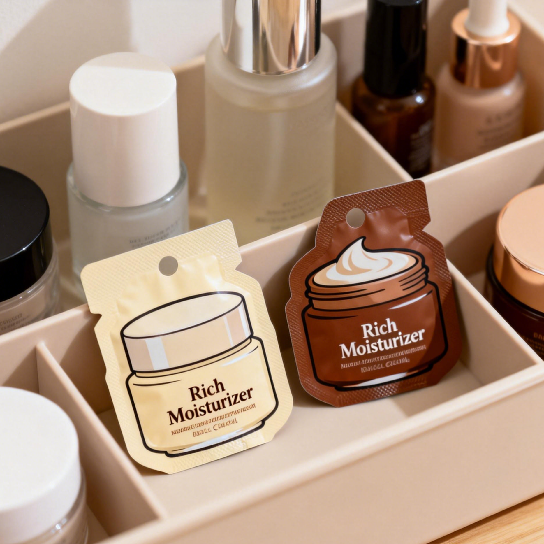 Индивидуальная упаковка для лосьонов и кремов для ухода за кожей, пластиковые мини-саше для косметических образцов из майларовой фольги, пакеты с термозапечаткой, маленькие мини-пакетики